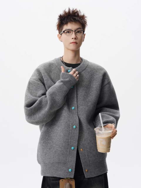 ODM OEM Men’s Textured Knit Button-Up Cardigan Sweater with Contrast Buttons – Casual Oversized Fit