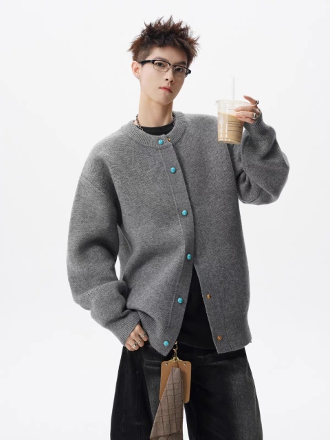 ODM OEM Men’s Textured Knit Button-Up Cardigan Sweater with Contrast Buttons – Casual Oversized Fit