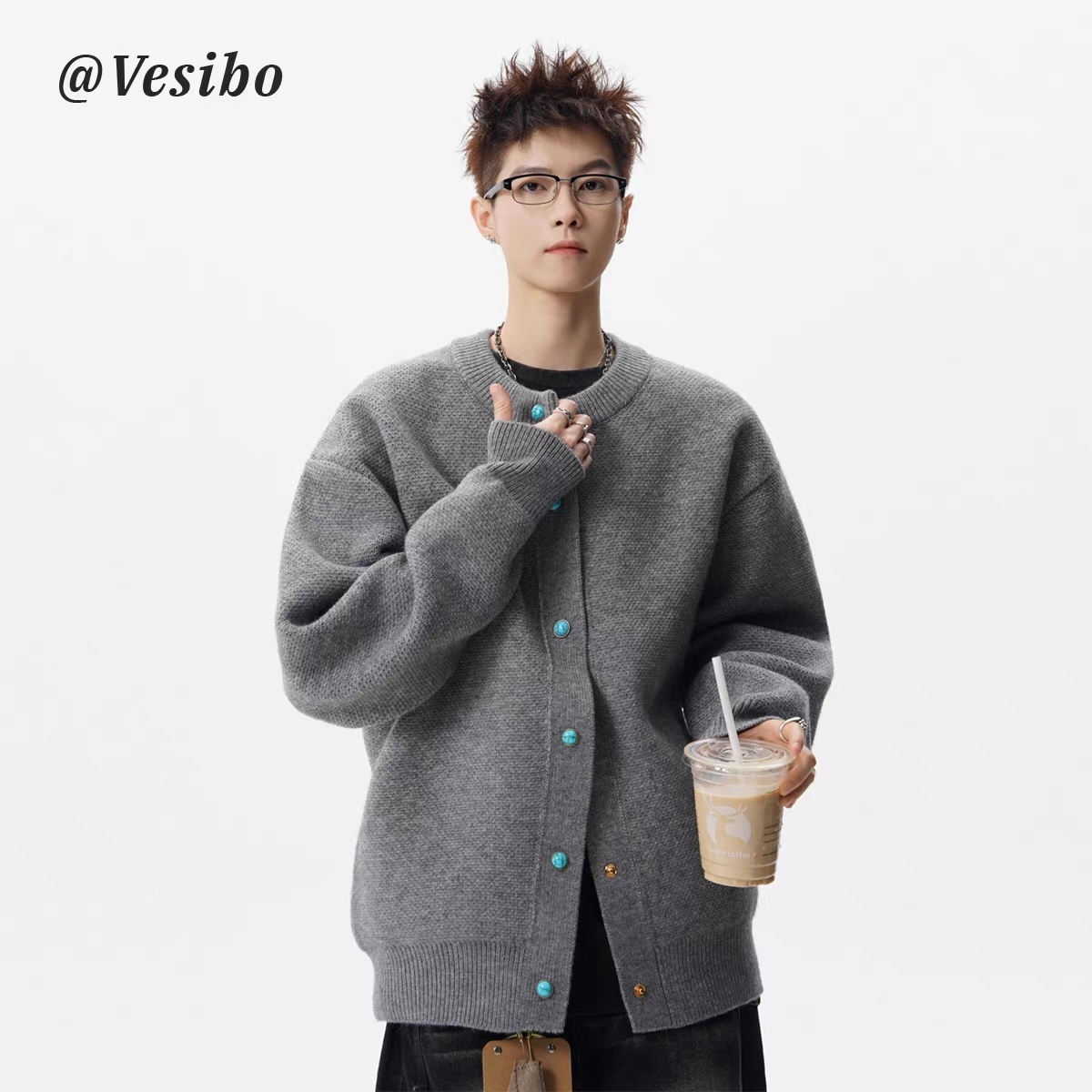 ODM OEM Men’s Textured Knit Button-Up Cardigan Sweater with Contrast Buttons – Casual Oversized Fit