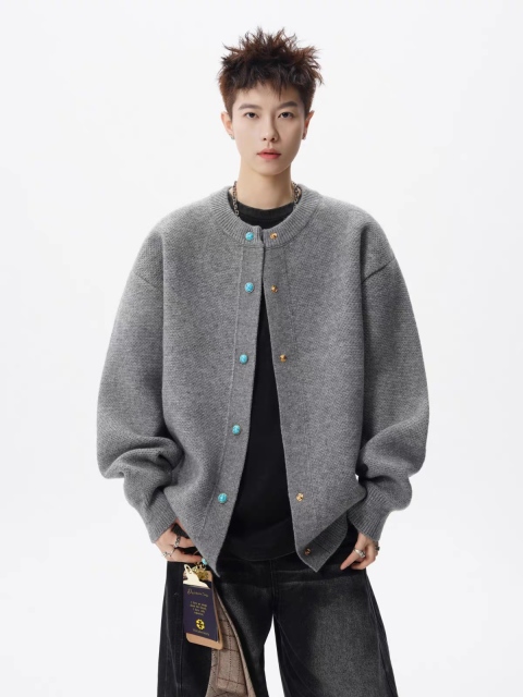 ODM OEM Men’s Textured Knit Button-Up Cardigan Sweater with Contrast Buttons – Casual Oversized Fit