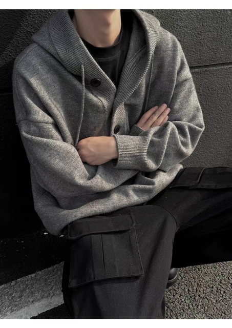 Personalized  Men’s Knit Pullover Hoodie with Button Placket – Oversized Casual Hooded Sweater