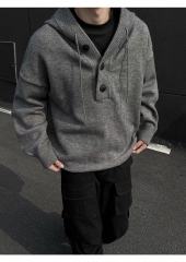 Personalized  Men’s Knit Pullover Hoodie with Button Placket – Oversized Casual Hooded Sweater