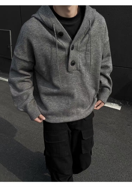 Personalized  Men’s Knit Pullover Hoodie with Button Placket – Oversized Casual Hooded Sweater