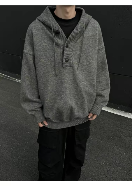 Personalized  Men’s Knit Pullover Hoodie with Button Placket – Oversized Casual Hooded Sweater