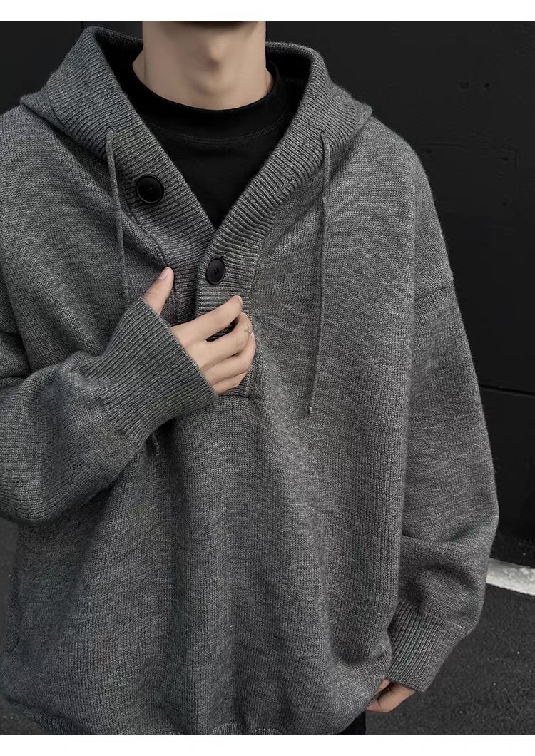 Personalized  Men’s Knit Pullover Hoodie with Button Placket – Oversized Casual Hooded Sweater