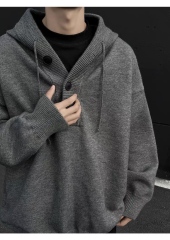 Personalized  Men’s Knit Pullover Hoodie with Button Placket – Oversized Casual Hooded Sweater