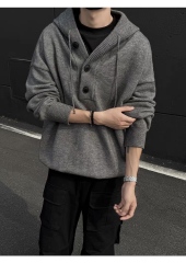 Personalized  Men’s Knit Pullover Hoodie with Button Placket – Oversized Casual Hooded Sweater