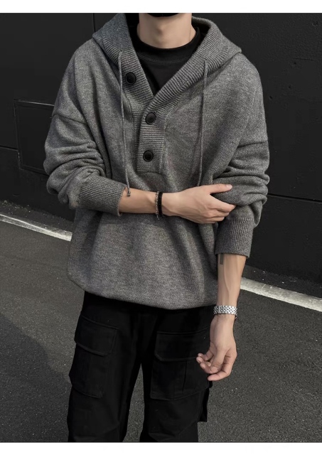 Personalized  Men’s Knit Pullover Hoodie with Button Placket – Oversized Casual Hooded Sweater