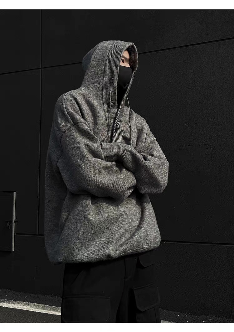 Personalized  Men’s Knit Pullover Hoodie with Button Placket – Oversized Casual Hooded Sweater