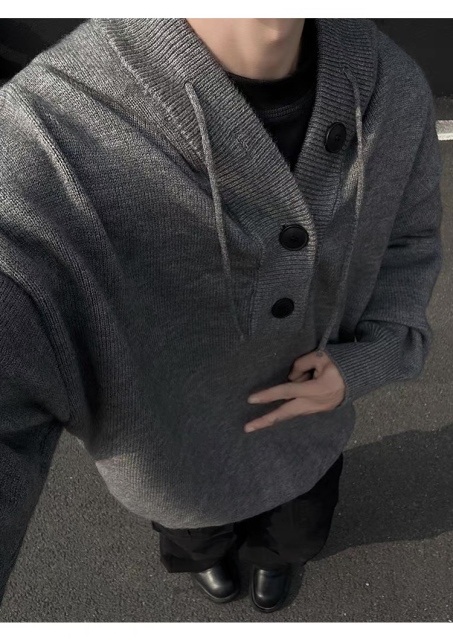 Personalized  Men’s Knit Pullover Hoodie with Button Placket – Oversized Casual Hooded Sweater