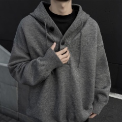 Personalized  Men’s Knit Pullover Hoodie with Button Placket – Oversized Casual Hooded Sweater