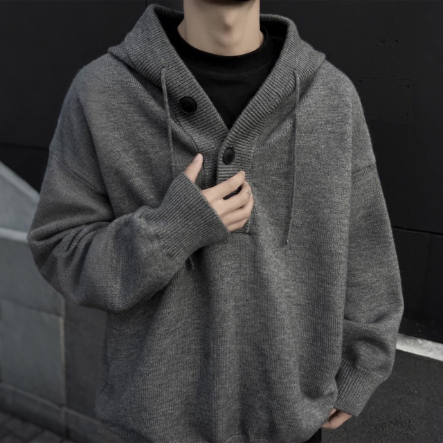 Personalized  Men’s Knit Pullover Hoodie with Button Placket – Oversized Casual Hooded Sweater