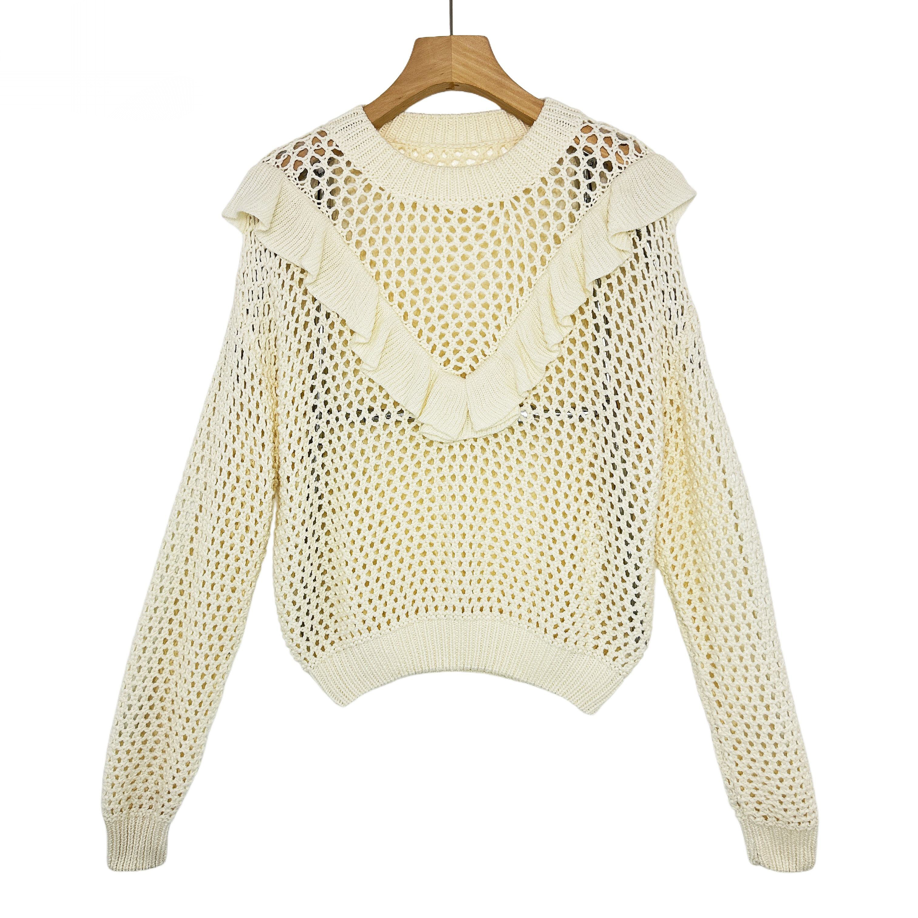 customized Ruffle Trim Open Knit Sweater – Sheer Crochet Pullover for Women