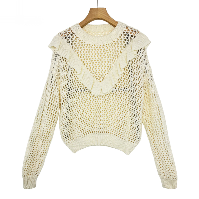 customized Ruffle Trim Open Knit Sweater – Sheer Crochet Pullover for Women