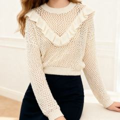 customized Ruffle Trim Open Knit Sweater – Sheer Crochet Pullover for Women