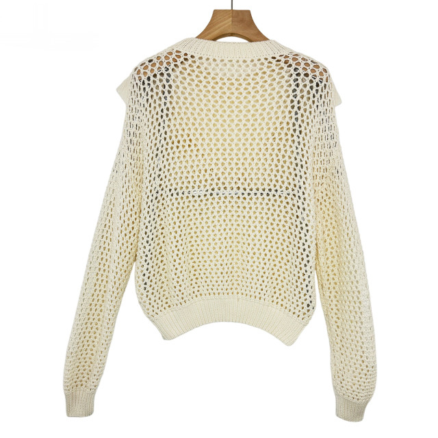 customized Ruffle Trim Open Knit Sweater – Sheer Crochet Pullover for Women