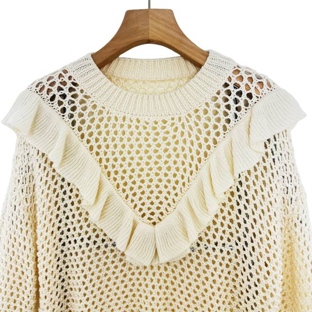 customized Ruffle Trim Open Knit Sweater – Sheer Crochet Pullover for Women