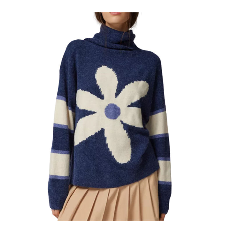 ODM OEM Oversized Floral Intarsia Turtleneck Sweater – Soft Knit Statement Pullover for Women
