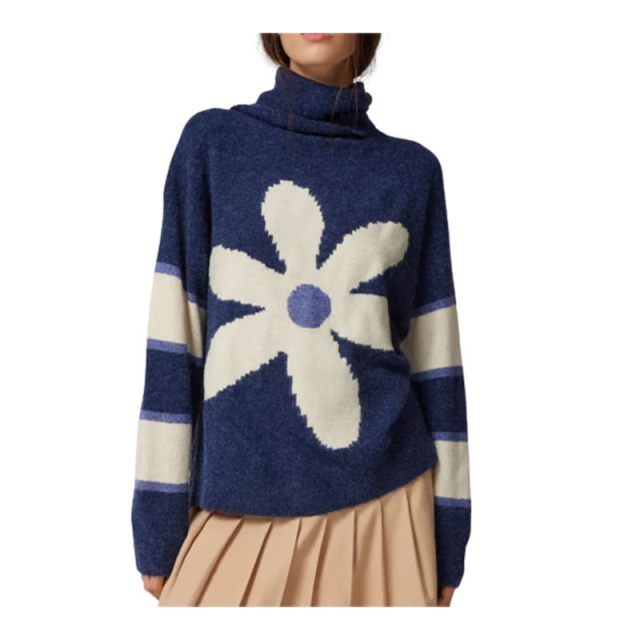 ODM OEM Oversized Floral Intarsia Turtleneck Sweater – Soft Knit Statement Pullover for Women