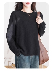 Wholesale Women's Black Textured Knit Crew Neck Sweater