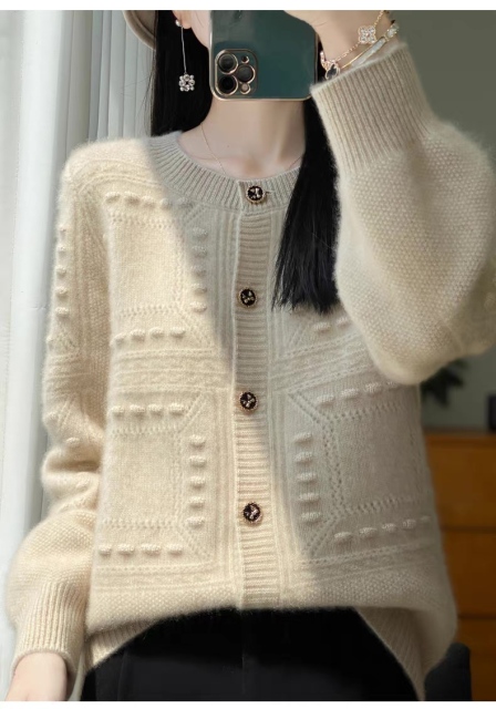 customized Women's Ivory Textured Button-Up Knit Cardigan Sweater