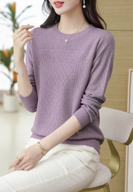 Factory Direct Women's Lavender Diamond Knit Sweater | Elegant Crew Neck Long Sleeve Pullover