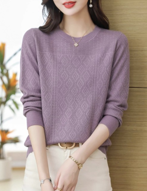 Factory Direct Women's Lavender Diamond Knit Sweater | Elegant Crew Neck Long Sleeve Pullover