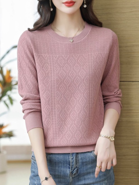 Factory Direct Women's Lavender Diamond Knit Sweater | Elegant Crew Neck Long Sleeve Pullover