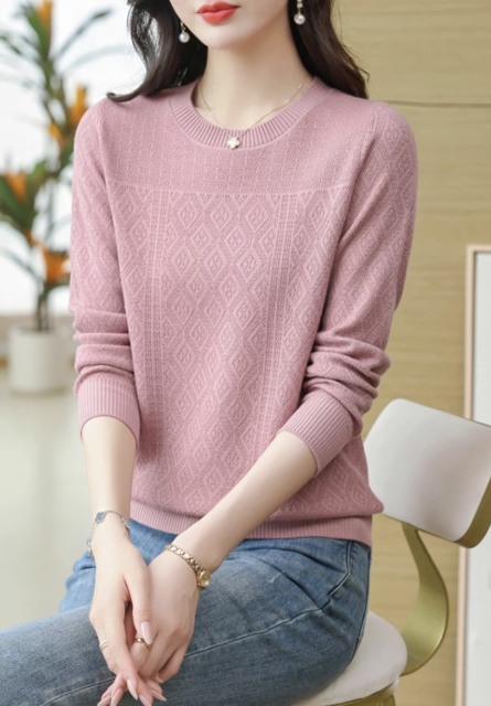 Factory Direct Women's Lavender Diamond Knit Sweater | Elegant Crew Neck Long Sleeve Pullover