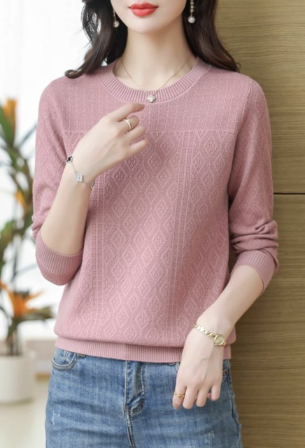 Factory Direct Women's Lavender Diamond Knit Sweater | Elegant Crew Neck Long Sleeve Pullover