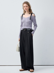 ODM OEM Women’s Ribbed Cold-Shoulder Knit Top with Strap Detail