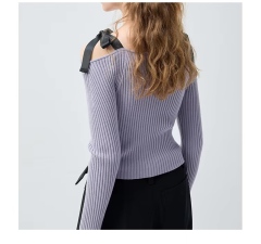 ODM OEM Women’s Ribbed Cold-Shoulder Knit Top with Strap Detail