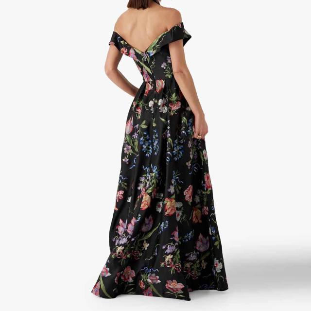 ODM OEM Women’s Off-Shoulder Floral Maxi Dress – Elegant Backless A-Line Evening Gown