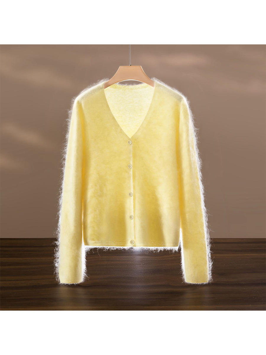ODM OEM Women’s Soft Fuzzy V-Neck Cardigan – Lightweight Button-Up Knit Sweater