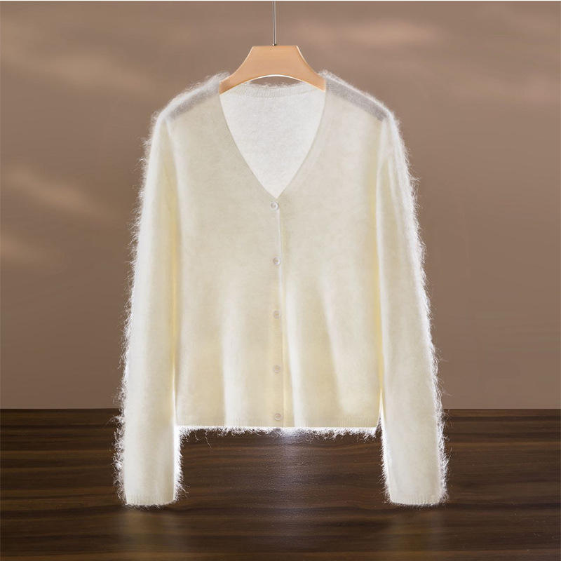 ODM OEM Women’s Soft Fuzzy V-Neck Cardigan – Lightweight Button-Up Knit Sweater