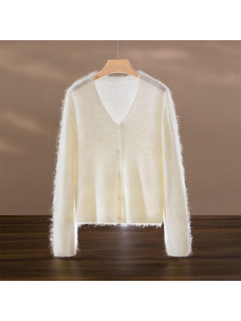 ODM OEM Women’s Soft Fuzzy V-Neck Cardigan – Lightweight Button-Up Knit Sweater