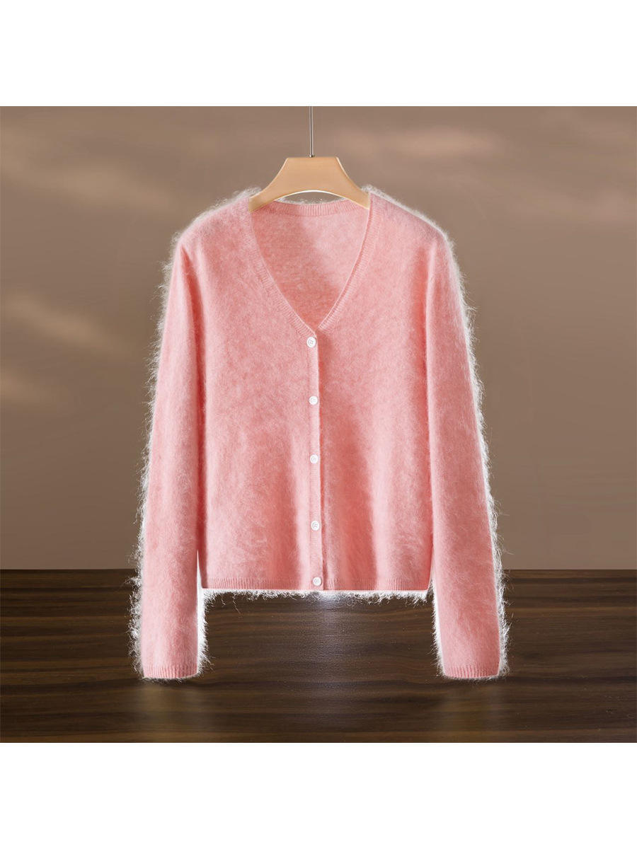 ODM OEM Women’s Soft Fuzzy V-Neck Cardigan – Lightweight Button-Up Knit Sweater