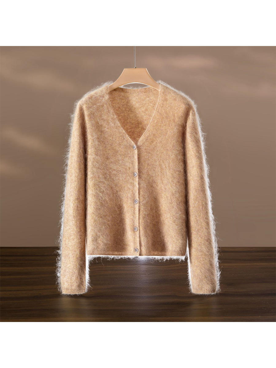 ODM OEM Women’s Soft Fuzzy V-Neck Cardigan – Lightweight Button-Up Knit Sweater