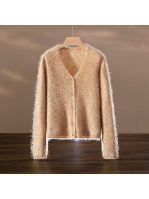 ODM OEM Women’s Soft Fuzzy V-Neck Cardigan – Lightweight Button-Up Knit Sweater