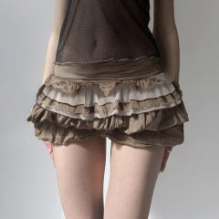 ODM OEM Women’s Layered Ruffle Mini Skirt – Vintage Mesh Panel High-Waisted Short Skirt