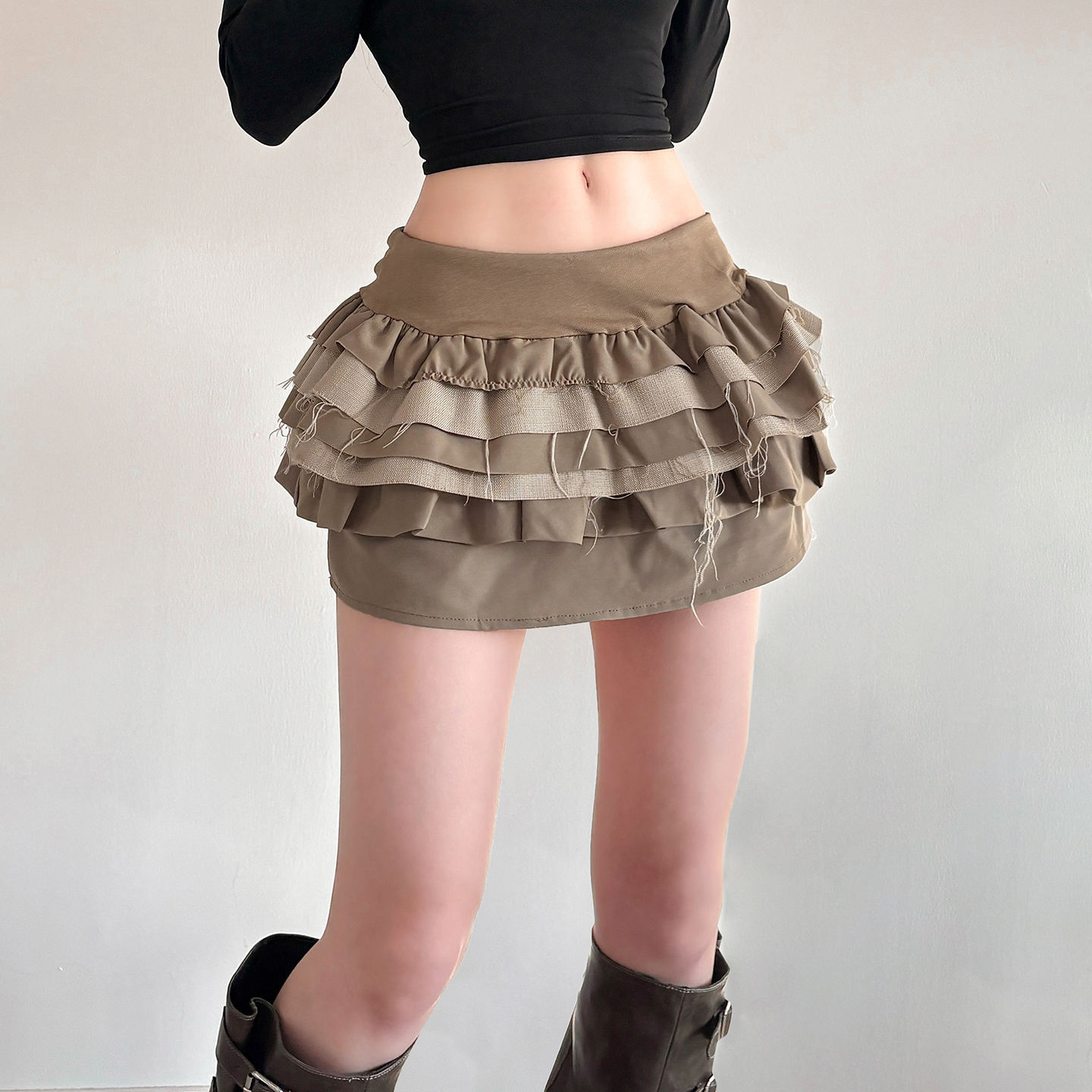 ODM OEM Women’s Layered Ruffle Mini Skirt – Vintage Mesh Panel High-Waisted Short Skirt