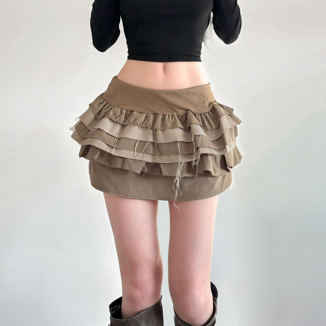 ODM OEM Women’s Layered Ruffle Mini Skirt – Vintage Mesh Panel High-Waisted Short Skirt