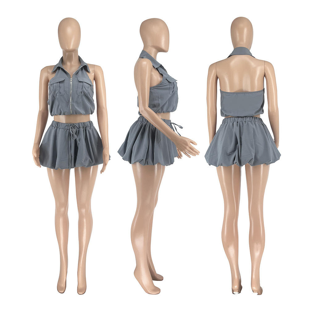 ODM OEM Women’s Plus Size Cargo Crop Top & Ruffle Mini Skirt Set – Casual Utility Two-Piece Outfit