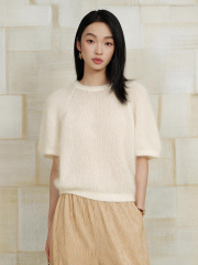 Made-to-order Women’s Soft Fuzzy Knit Short Sleeve Sweater – Elegant Minimalist Pullover Top