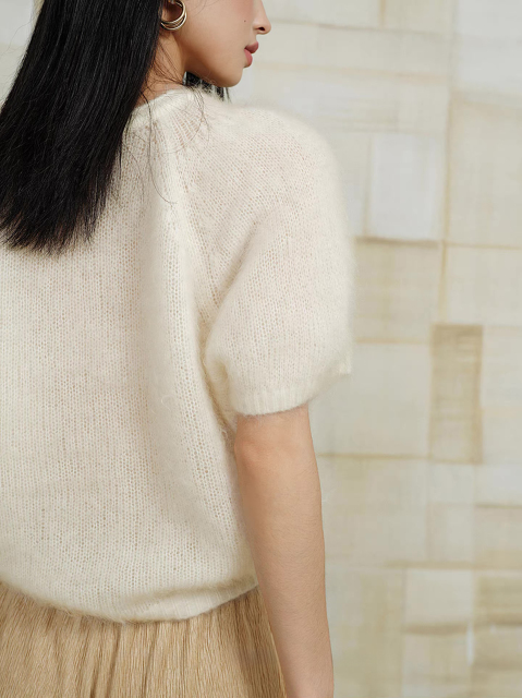 Made-to-order Women’s Soft Fuzzy Knit Short Sleeve Sweater – Elegant Minimalist Pullover Top