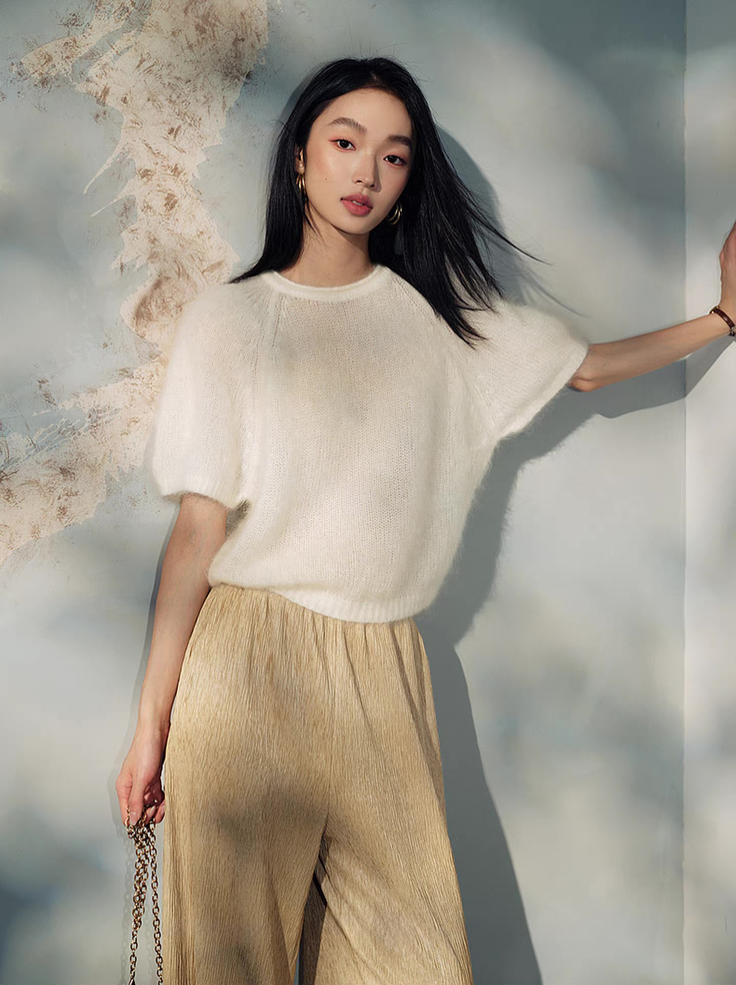 Made-to-order Women’s Soft Fuzzy Knit Short Sleeve Sweater – Elegant Minimalist Pullover Top