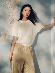 Made-to-order Women’s Soft Fuzzy Knit Short Sleeve Sweater – Elegant Minimalist Pullover Top