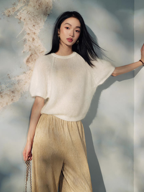 Made-to-order Women’s Soft Fuzzy Knit Short Sleeve Sweater – Elegant Minimalist Pullover Top