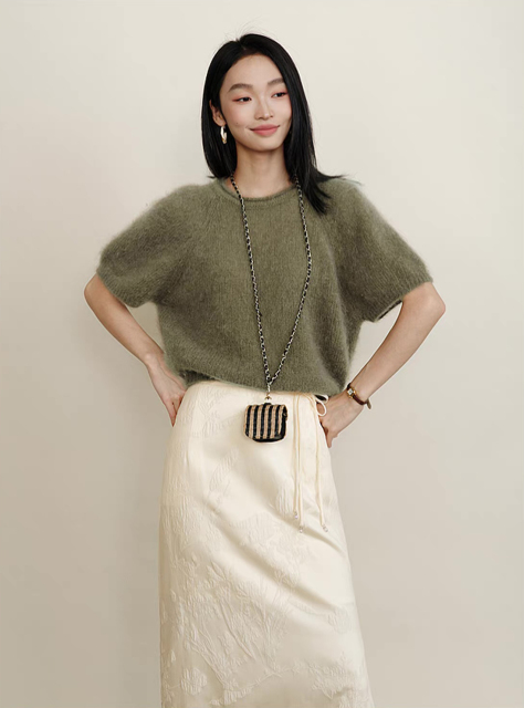 Made-to-order Women’s Soft Fuzzy Knit Short Sleeve Sweater – Elegant Minimalist Pullover Top