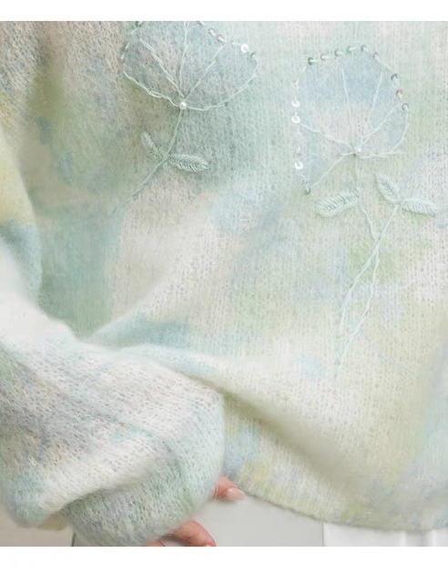 Factory Direct Women’s Pastel Embroidered Fuzzy Knit Sweater – Soft Loose Fit Artistic Lightweight Pullover